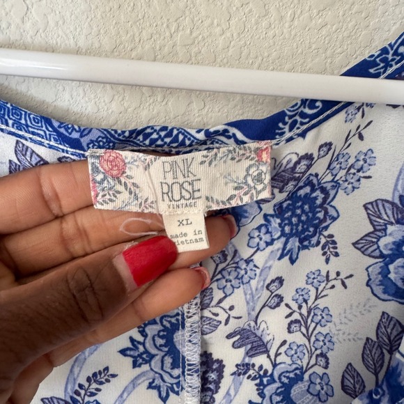 Pink Rose Vintage Blue White Floral Cold Shoulder Blouse XL Short Sleeve Boho - Picture 3 of 4